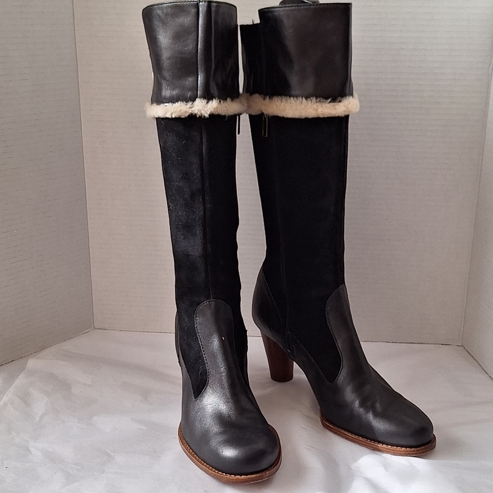 UGG black leather Knee high suede heel boots sz 9
